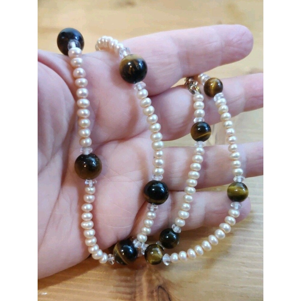 Vintage PEARLS & TIGER'S EYE BEADS 24" NECKLACE W Clasp